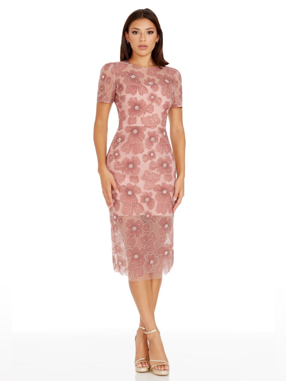 DRESS THE POPULATION LIA Bead & Flower Appliqué Sheath Dress In Mauve Size M